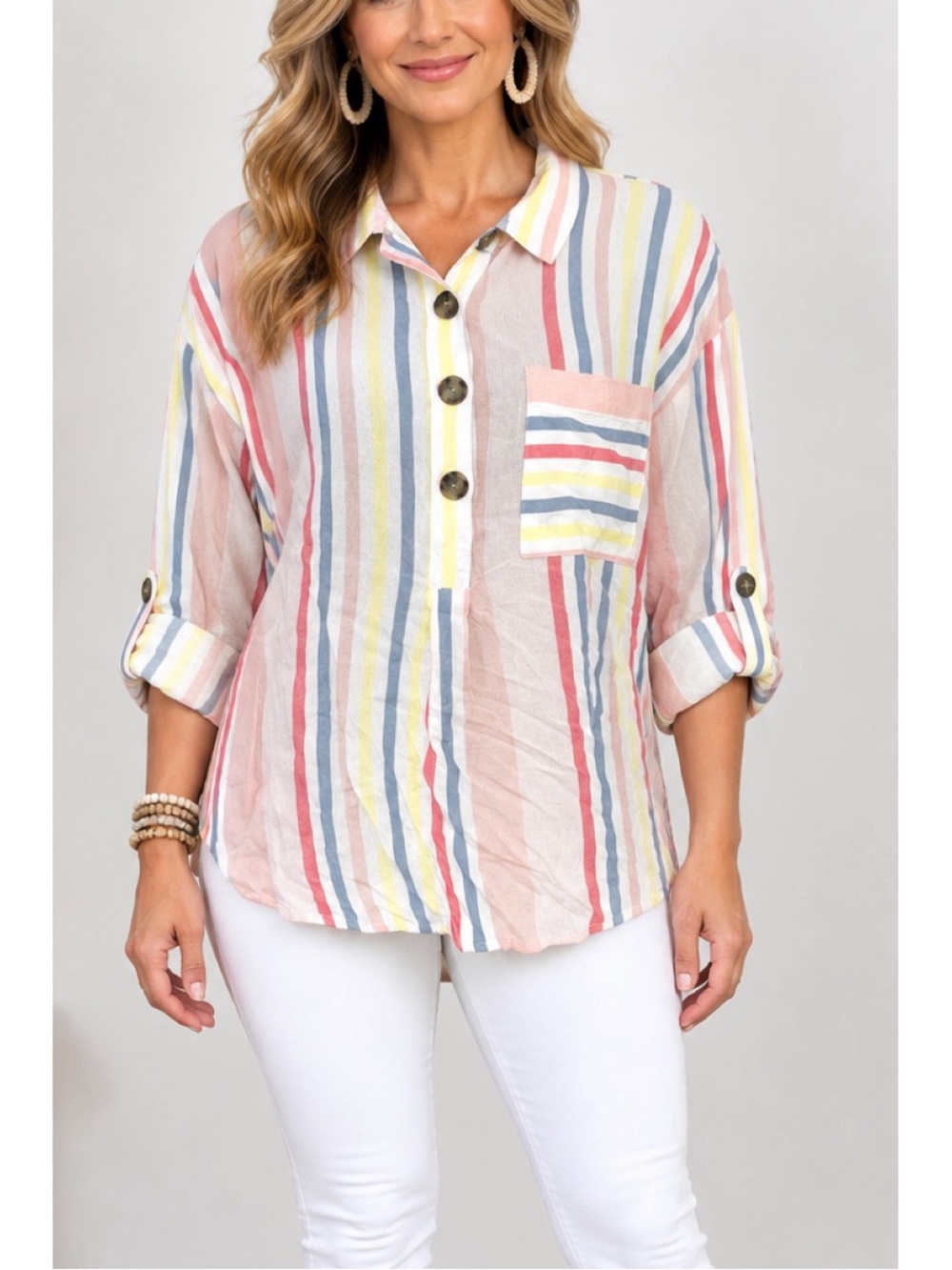 A.N.A. Striped pink, blue, yellow, white Button-Front Blouse- Large